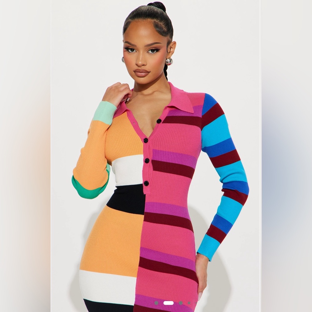 Fashion Nova Peri Colorful Button Up Striped Knit Long Sleeve Maxi Dress Sz 1XL - Picture 4 of 17
